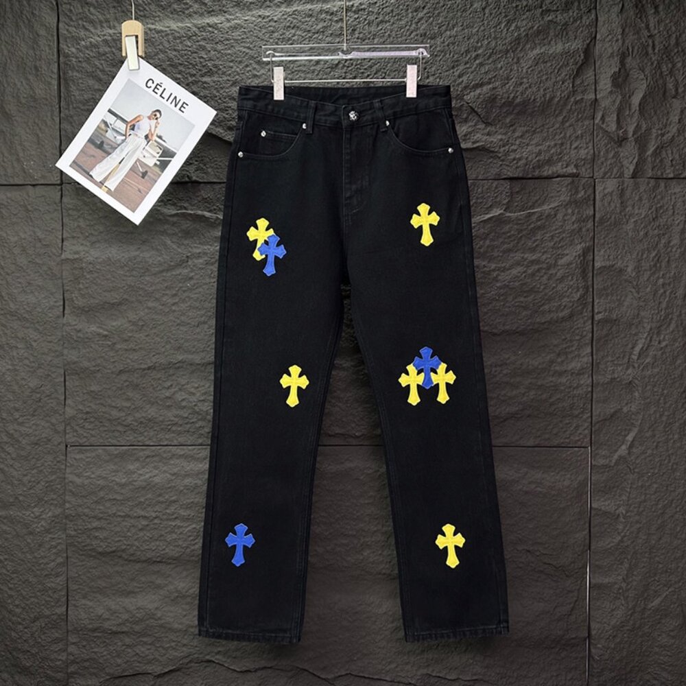 Chrome Hearts Blue And Yellow Sanskrit Cross Patch Washed Jeans